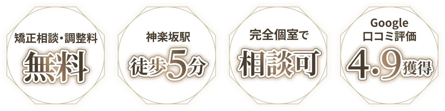 矯正相談・調整料無料・神楽坂駅 徒歩5分・完全個室で相談可・Google口コミ4.9獲得